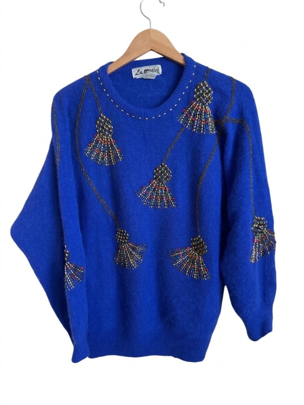 Vintage Beaded Angora Lambswool Sweater Blue Tassel Art To Wear La Mittini S